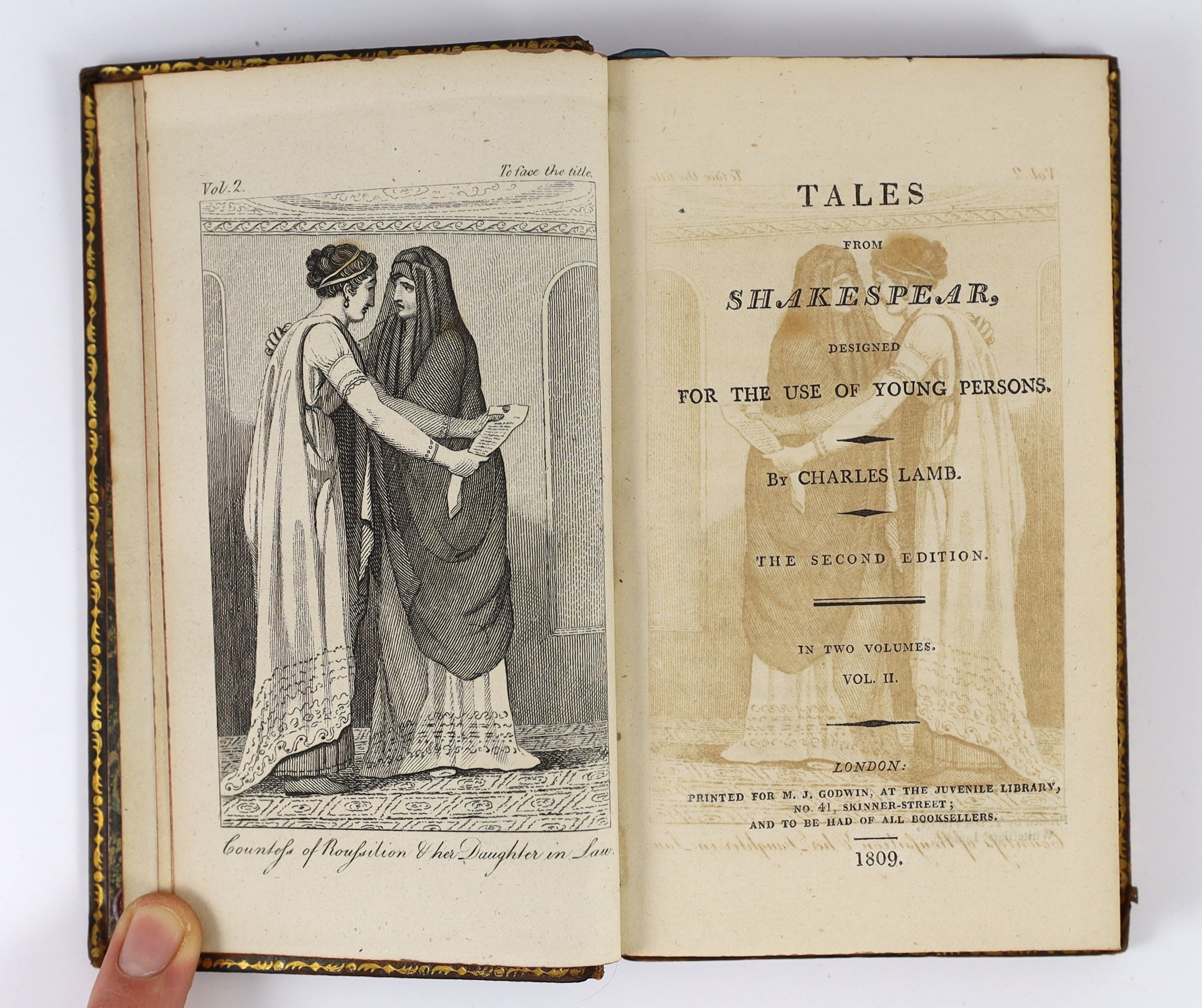 Lamb, Charles & Mary - Tales from Shakespear [sic] designed for the use of Young Persons, 2vols, 2nd edition, 12mo, diced Russia calf, with 20 plates, variously attributed to William Blake or William Mulready, M.J. Godwi